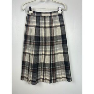 Vintage Long Tartan Plaid Pleated Button Skirt 9/10 25" Waist Wool Academia Gray